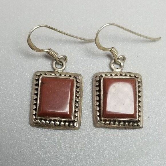 Vintage Sterling Silver Rectangle Red Stone Dangle Earrings, Minimal Design, 925 - Picture 7 of 9